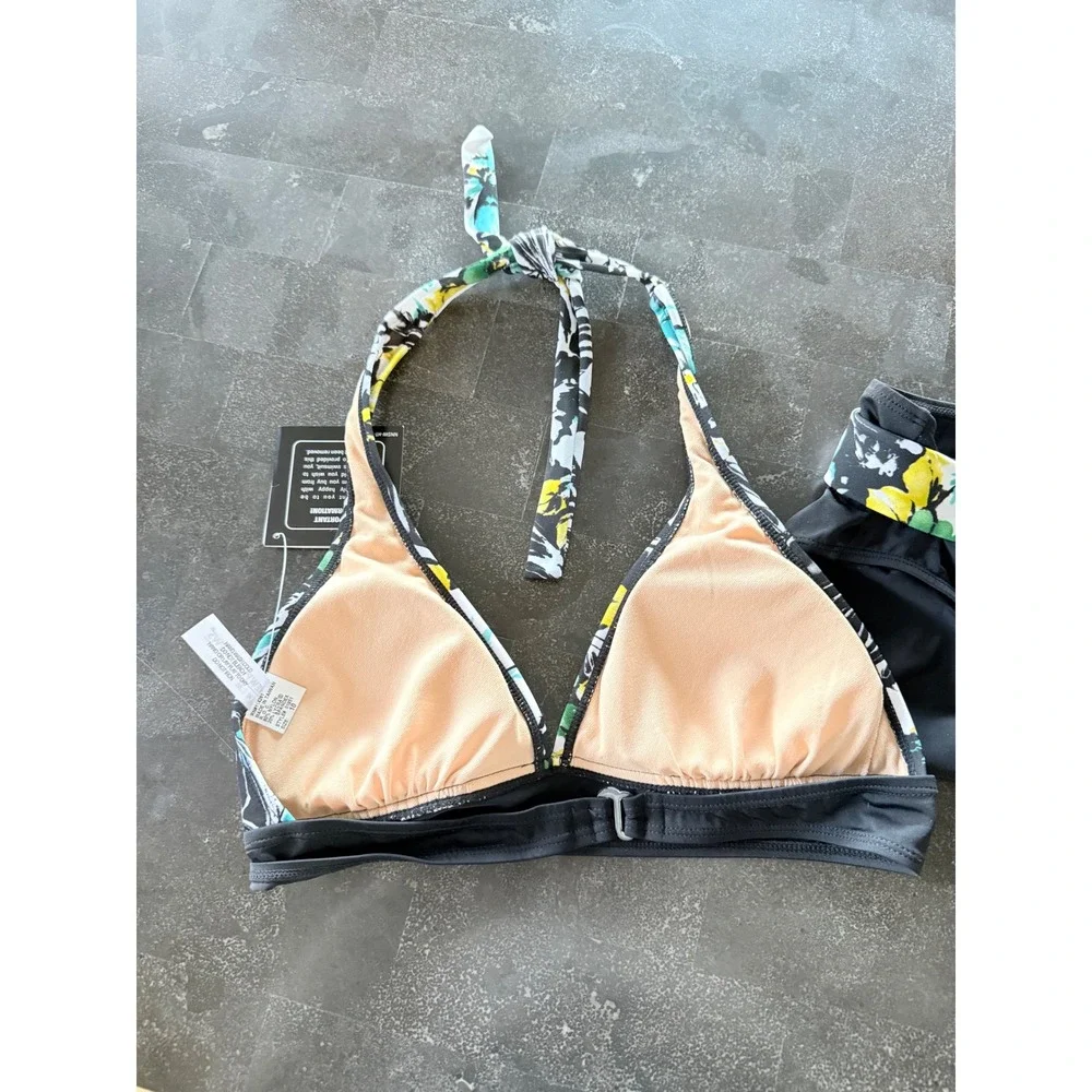 Newport News Swim Womens Floral Halter Bikini Set Belted High Waist Black 10 NEW